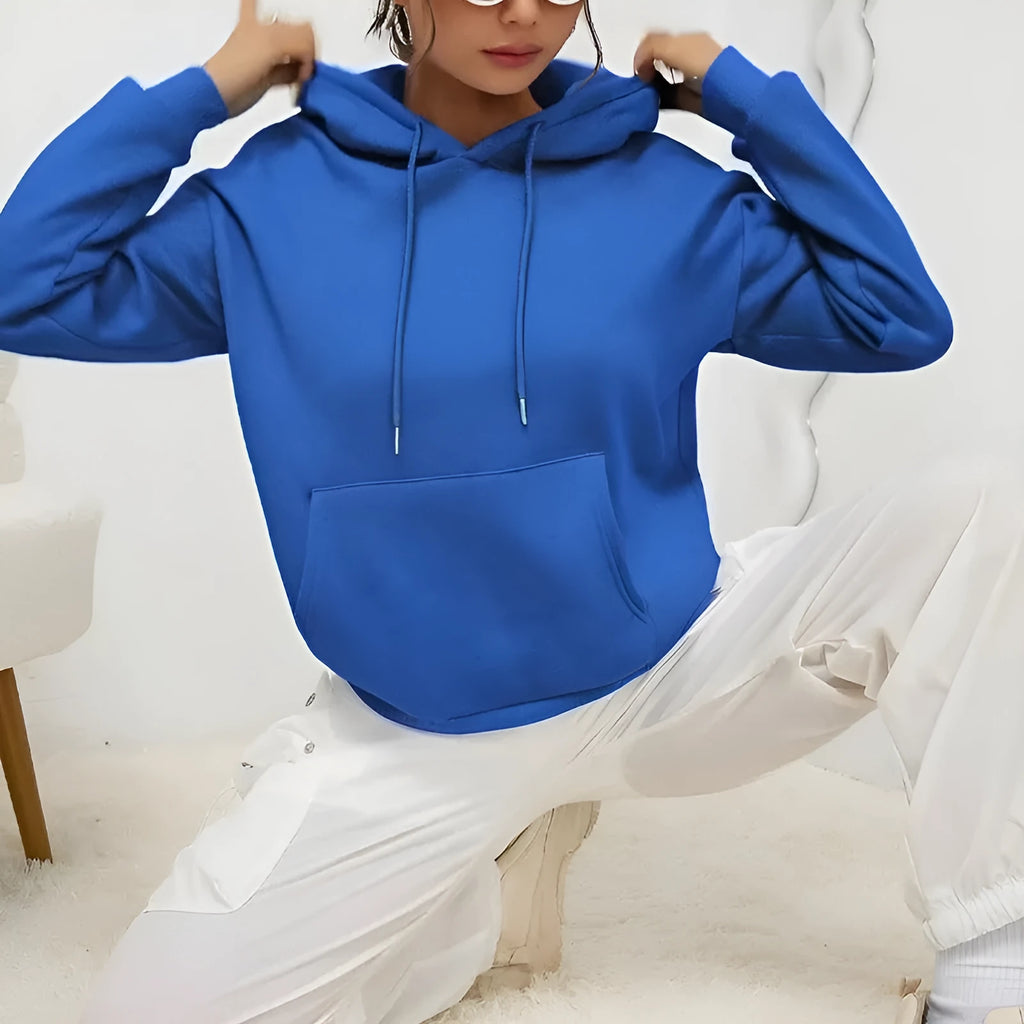 Women's loose fit gray sweatshirt with drawstring waist and front pockets, long sleeve casual top