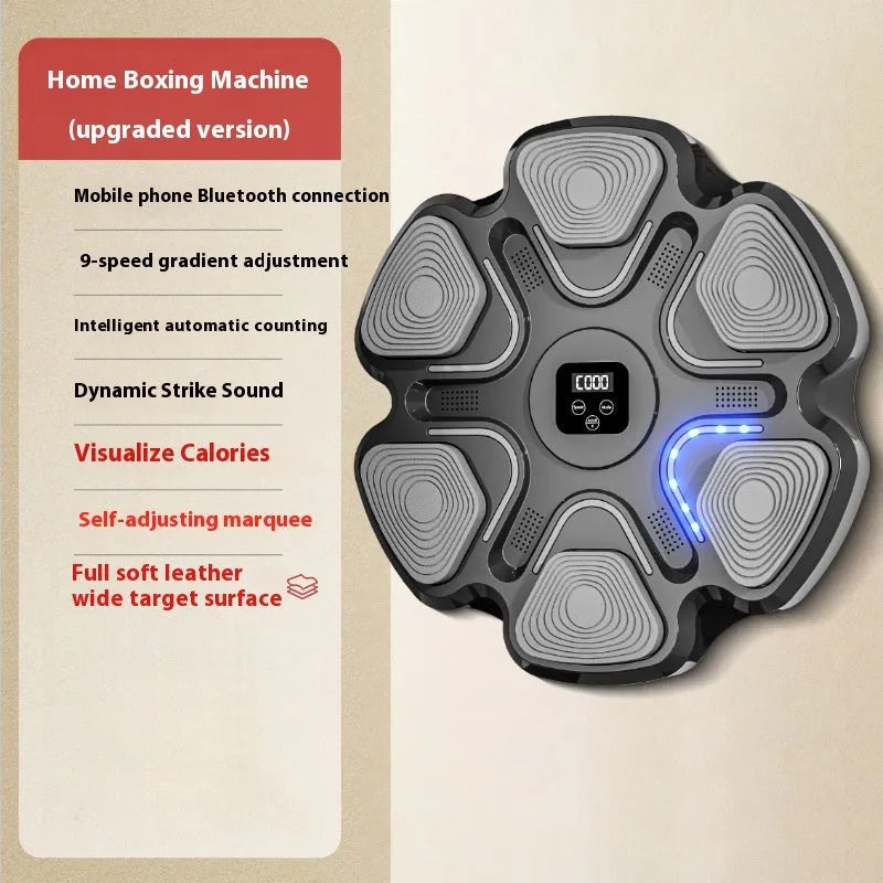 Smart electronic boxing target mounted on a wall, with black and white boxing gloves for reaction training.
