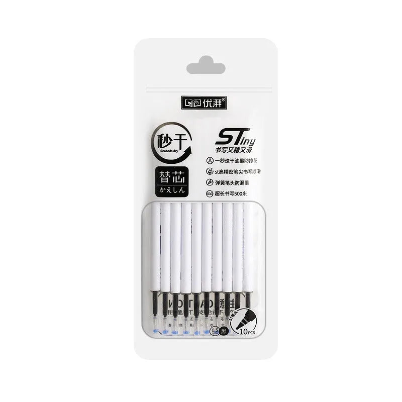 Quick-drying ballpoint pen refill with 500m writing length in black, red, blue, and ink blue colours.