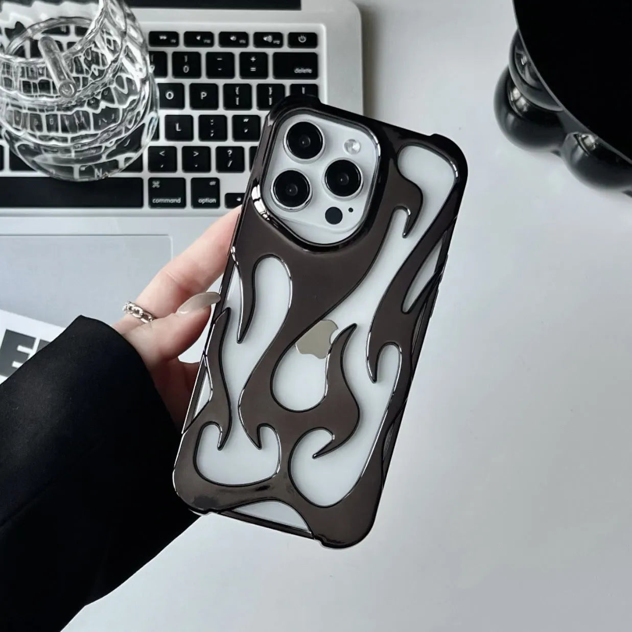 Electroplated hollow flame pattern phone case for Apple iPhone with metallic finish and heat dissipation design