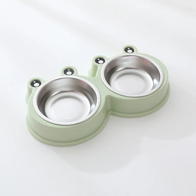 Stainless steel pet bowl with frog design and two compartments for food and water