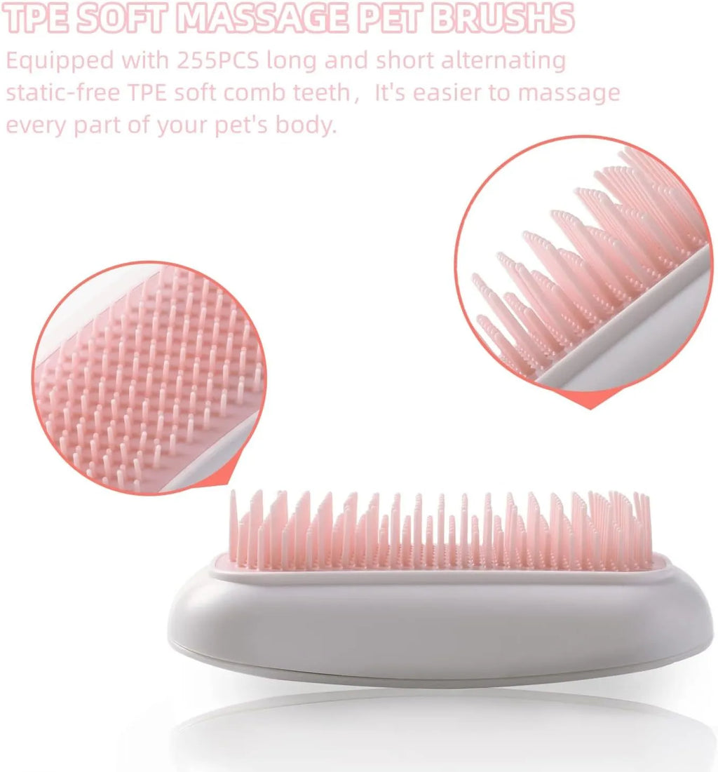 Handheld pink and white electric pet massage brush for cats and dogs on a table.