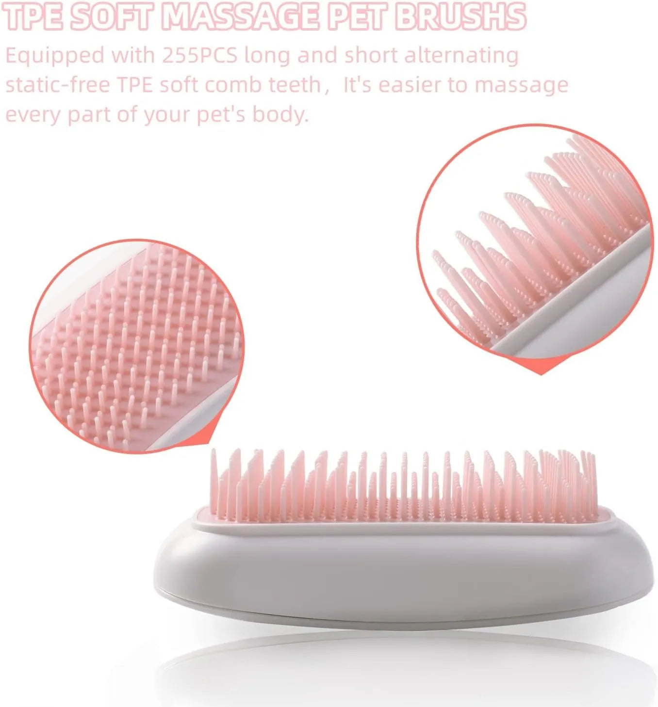 Handheld pink and white electric pet massage brush for cats and dogs on a table.