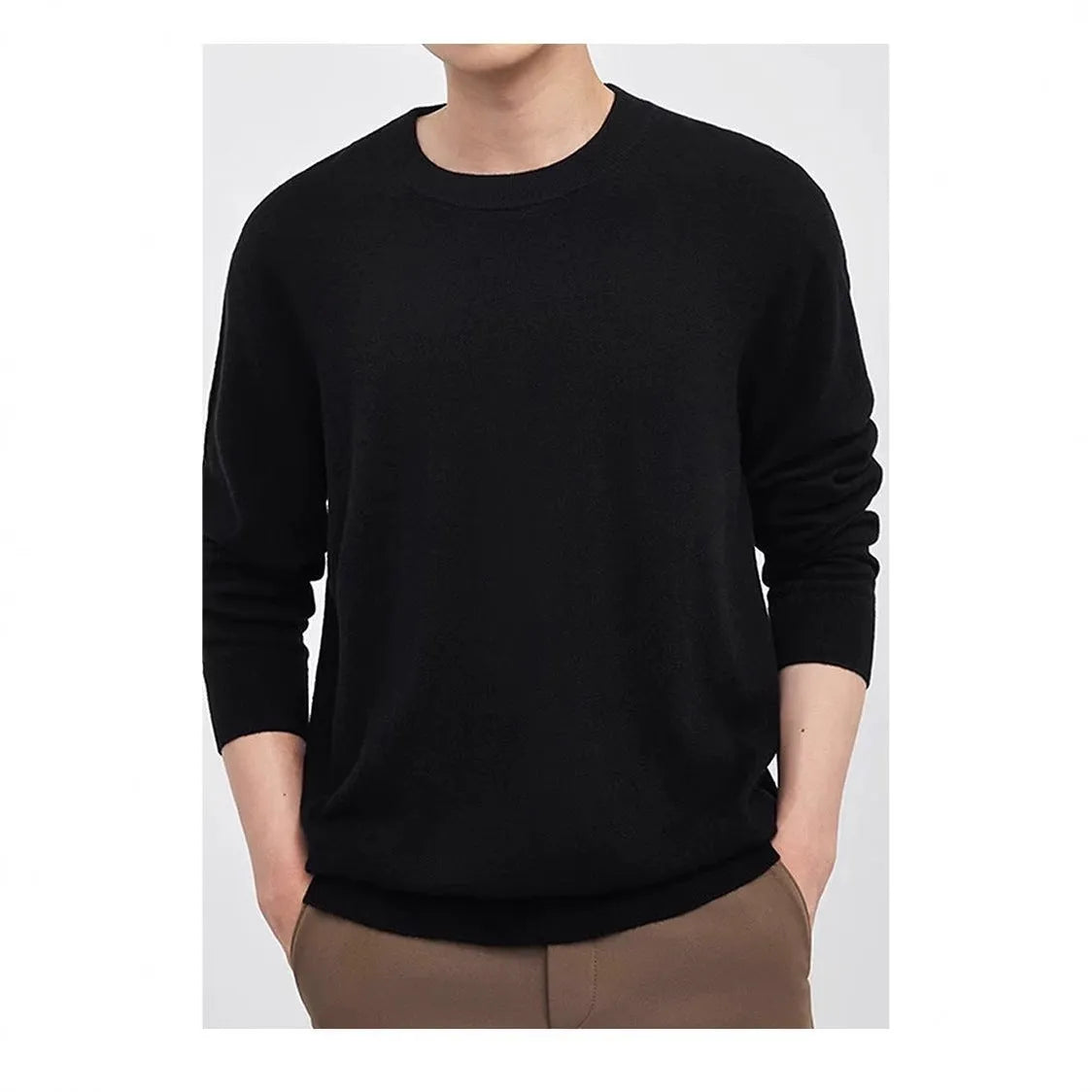 Men's regular fit wool pullover sweater in light grey, shown on a model.