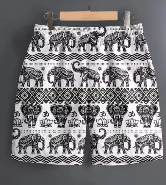 Men's polyester outdoor sports shorts in multiple patterns including stripes and camouflage