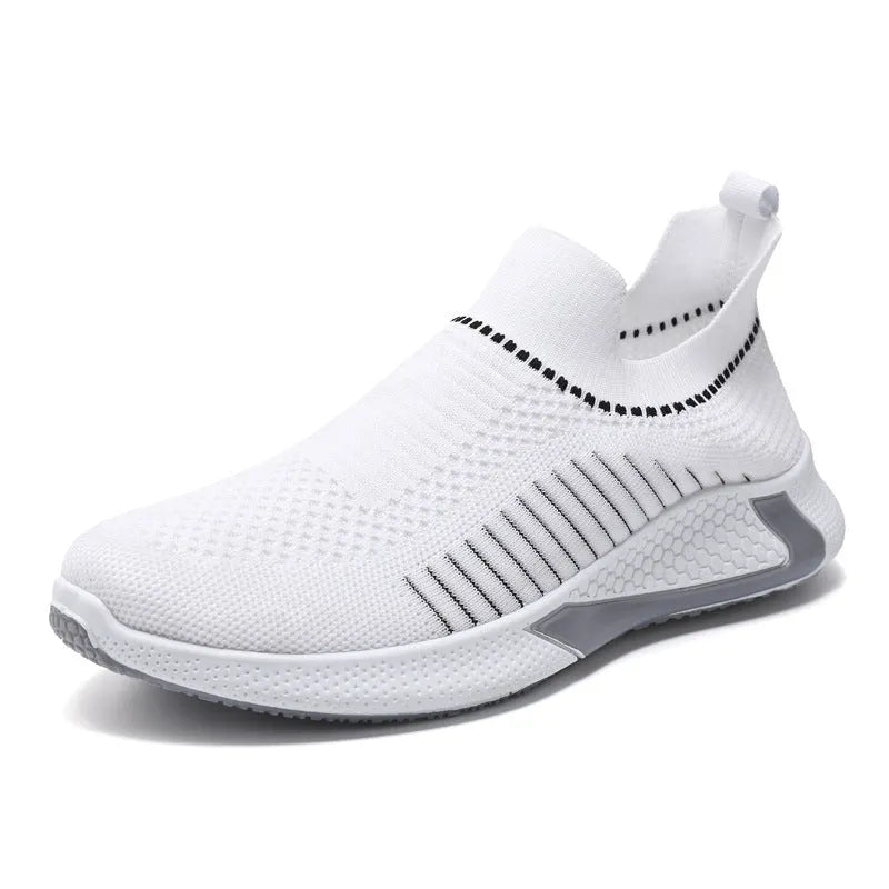 Men's black and white striped mesh sock shoes with lace-up front on a white background