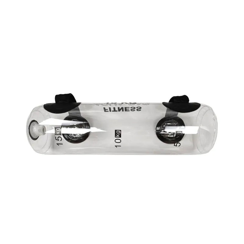 Transparent inflatable PVC bag filled with water, serving as an adjustable weight for strength training.
