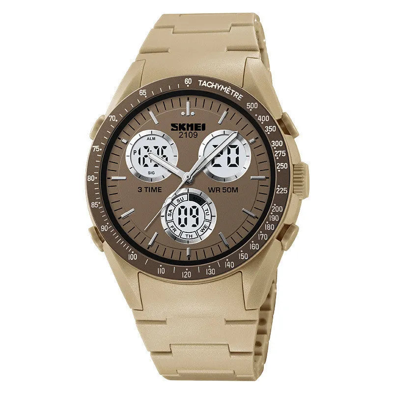 Electronic casual watch with camouflage patterned strap and resin mirror face, showing stainless steel button.