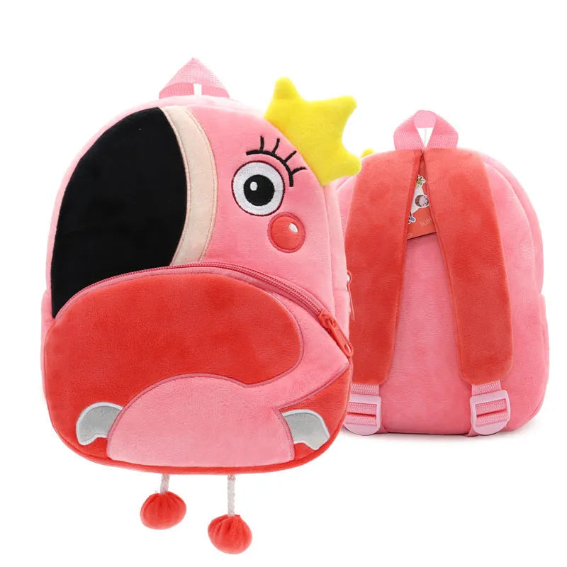 Soft plush children's backpack in cartoon animal design, shown with zipper open, dimensions 26cm by 24cm.