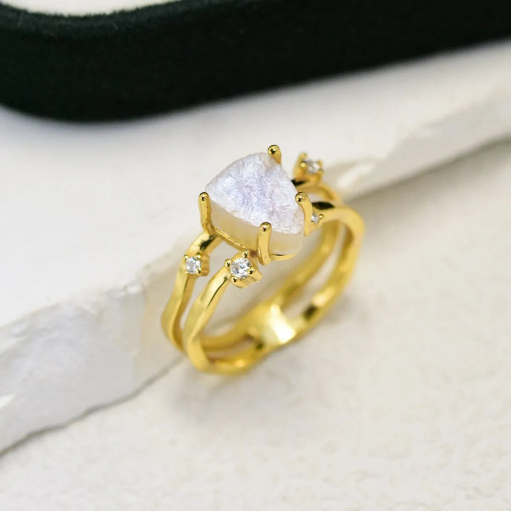 S925 sterling silver irregular triangle ring with moonstone in choice of white, yellow or rose gold plating