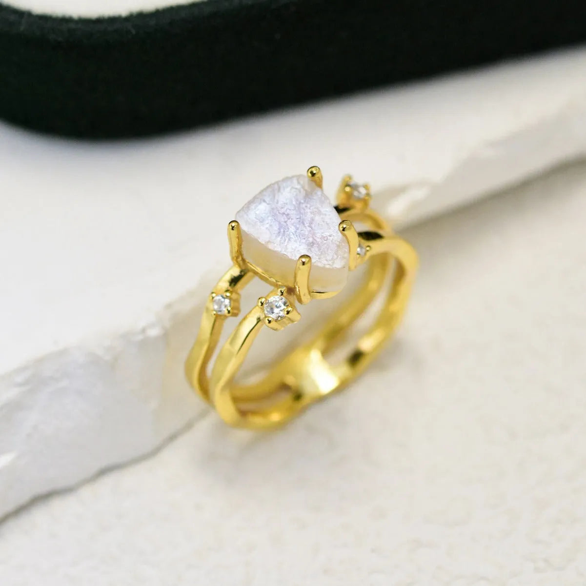 S925 sterling silver irregular triangle ring with moonstone in choice of white, yellow or rose gold plating