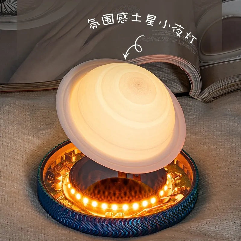 Magnetic suspension moon night lamp floating above base with 3D printed celestial design