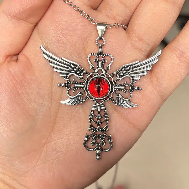 Creative geometric devil wings cross pendant necklace in alloy with multiple colour options