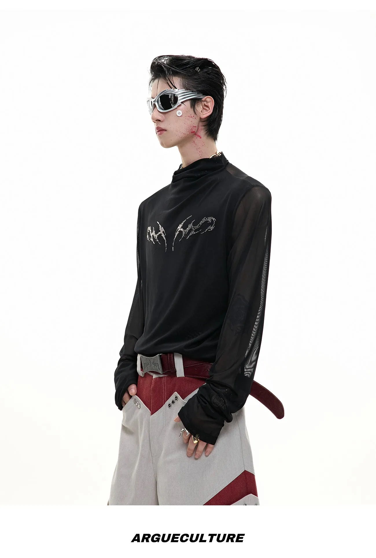 Man's black slim-fit long sleeve mesh shirt for gym wear and training.