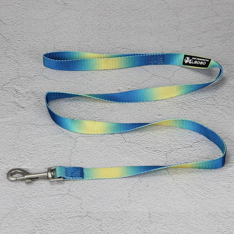 Gradient colour nylon dog leash set with collar, bracelet, and chest strap options in pink/yellow and purple/green combinations