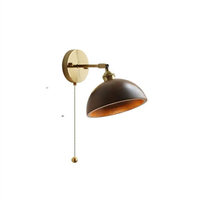 Nordic-style wooden wall lamp mounted beside a bed, shown in walnut brown and natural wood colour options.