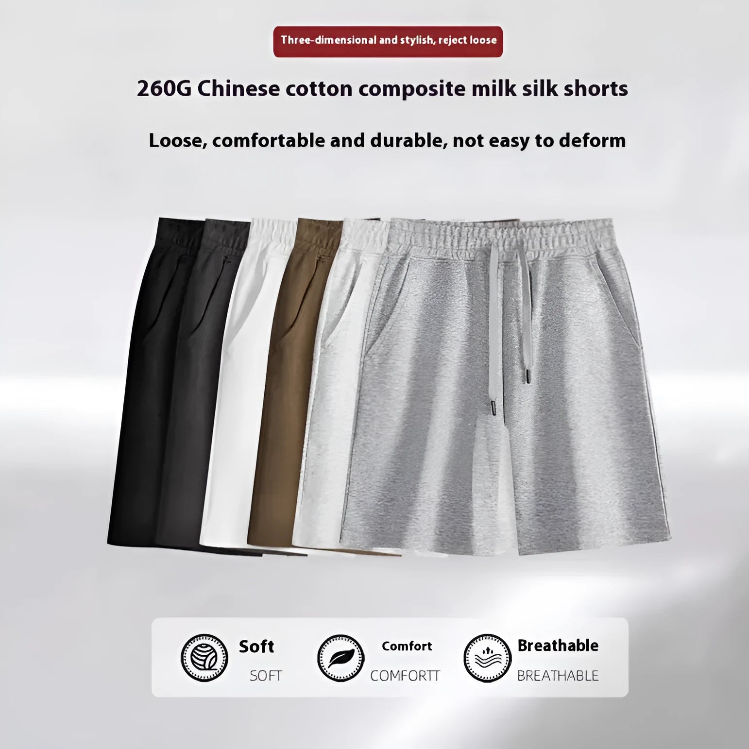 Cotton summer shorts in straight leg design showing micro-elastic fabric and fifth pants length