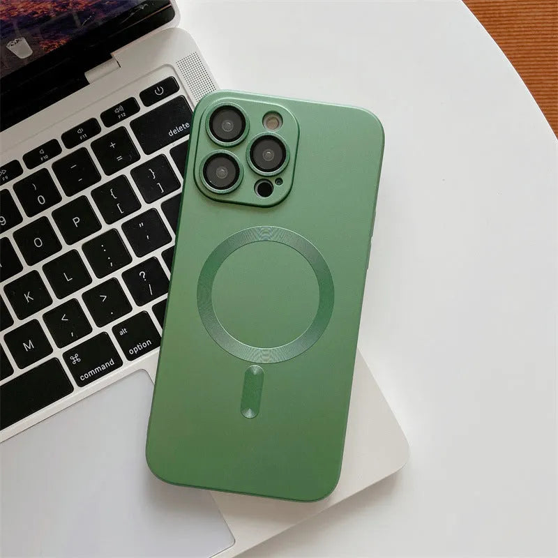Aluminium alloy and PC magnetic protective case for iPhone in dark purple with nickel piece.