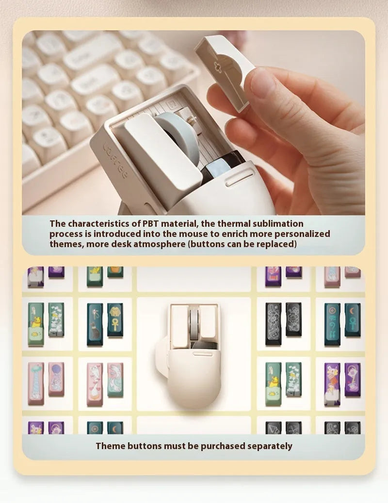 Xiaoqiao tofu-coloured wireless mouse with multiple buttons beside its Type-C charging cable and wireless receiver.