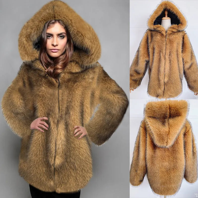 Silver grey loose-fit artificial fur mid-length coat for women on a hanger.
