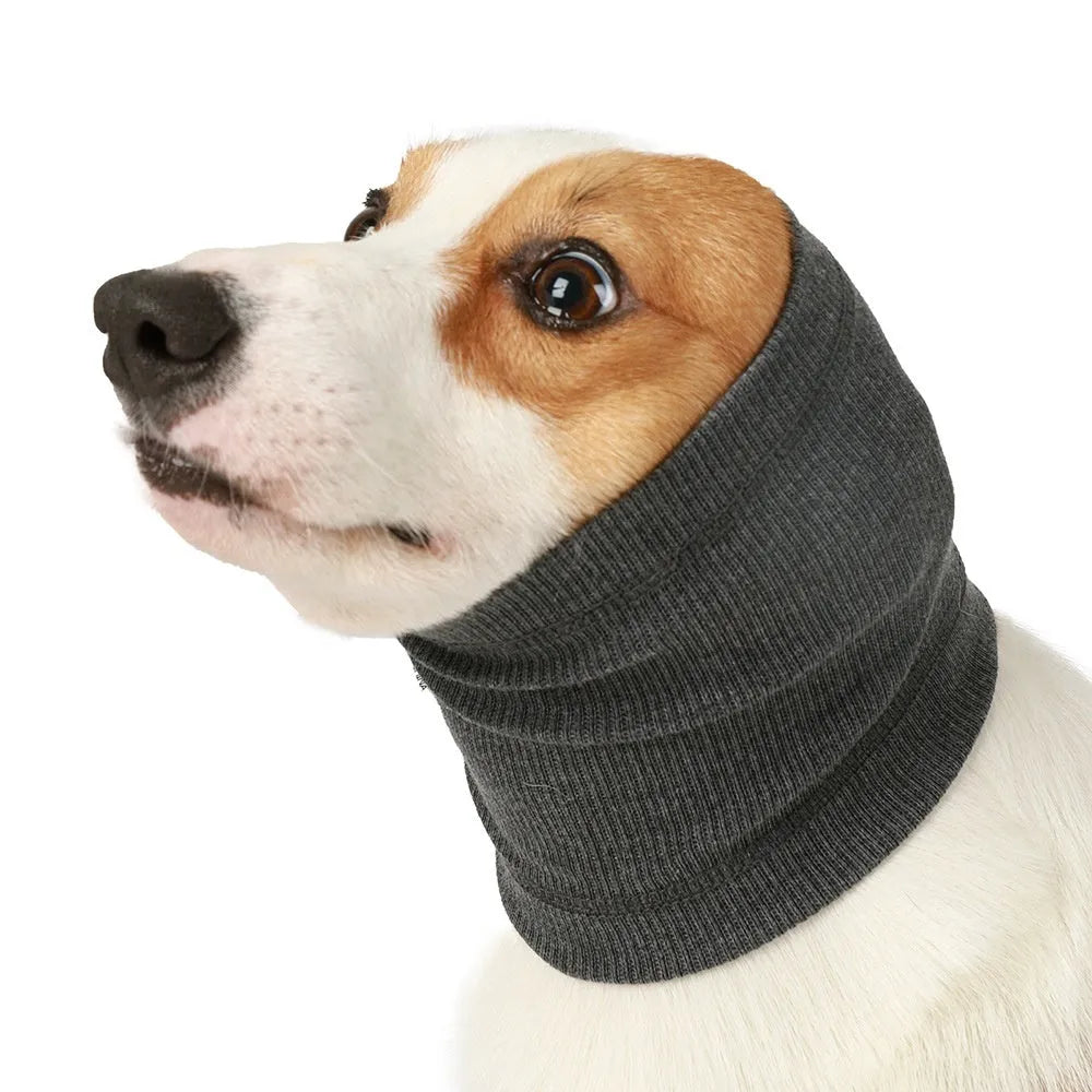 Blue and grey polyester dog headband scarf showing S M L size options
