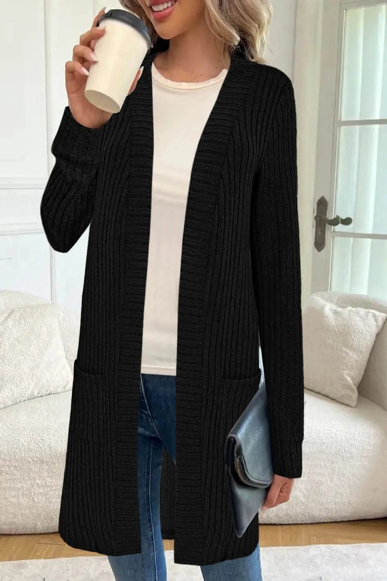Long sleeve loose fit knitted cardigan jacket with pockets in black, wine red, or grey.