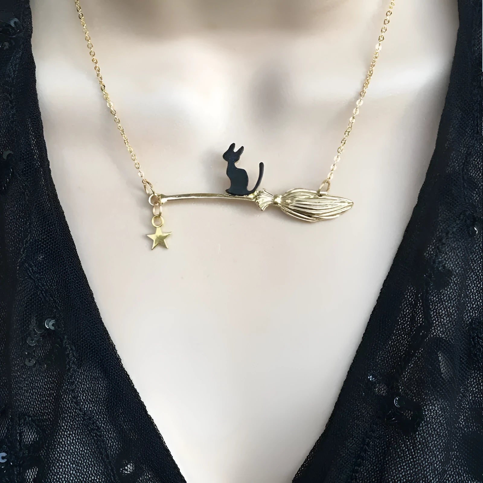 Alloy black cat pendant necklace with zodiac totem elements in gold or silver finish