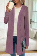 Long sleeve loose fit knitted cardigan jacket with pockets in black, wine red, or grey.