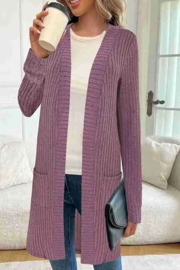 Long sleeve loose fit knitted cardigan jacket with pockets in black, wine red, or grey.