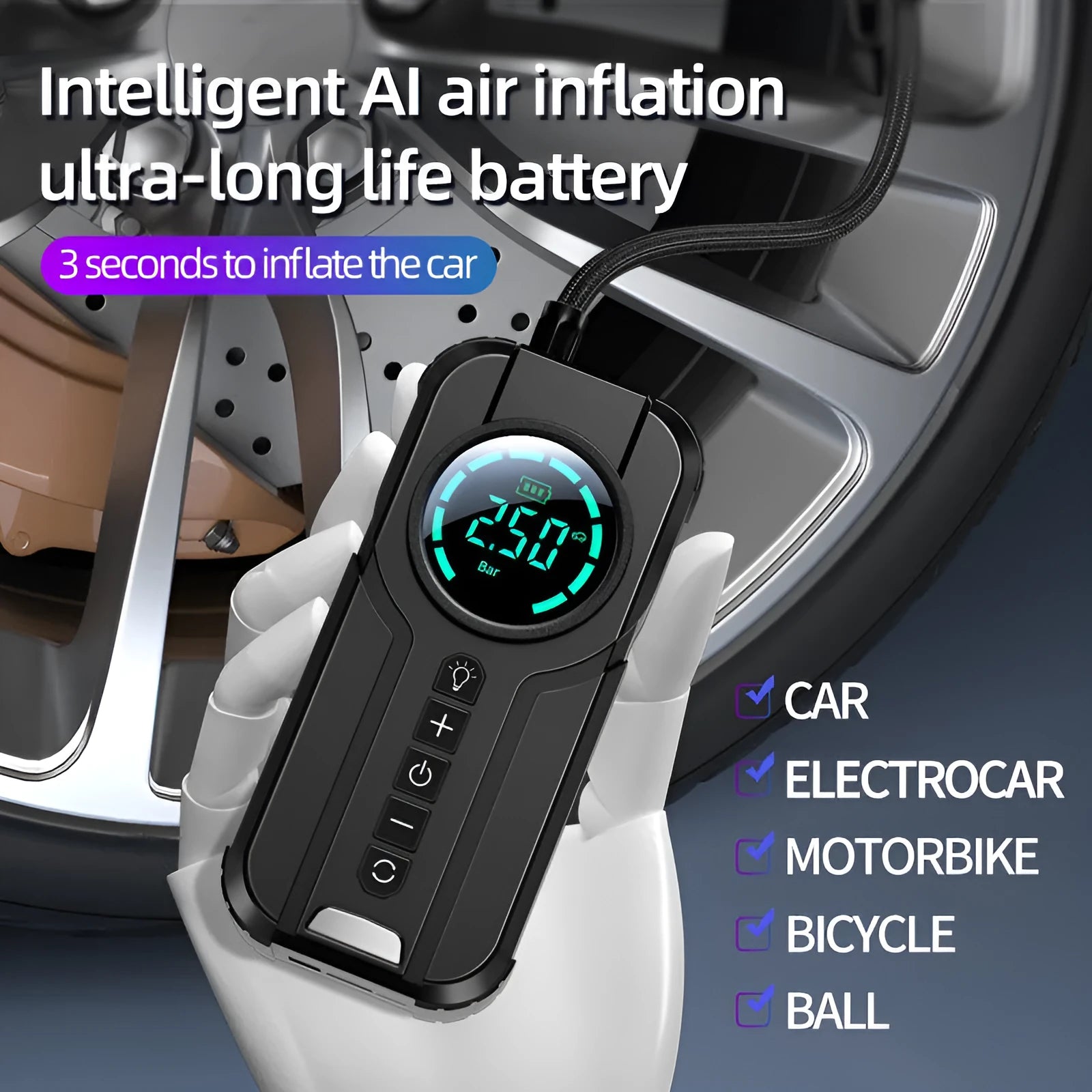 Black portable wireless car tyre inflator with digital display, 6000mAh battery, and a kit of nozzle attachments on a grey background.