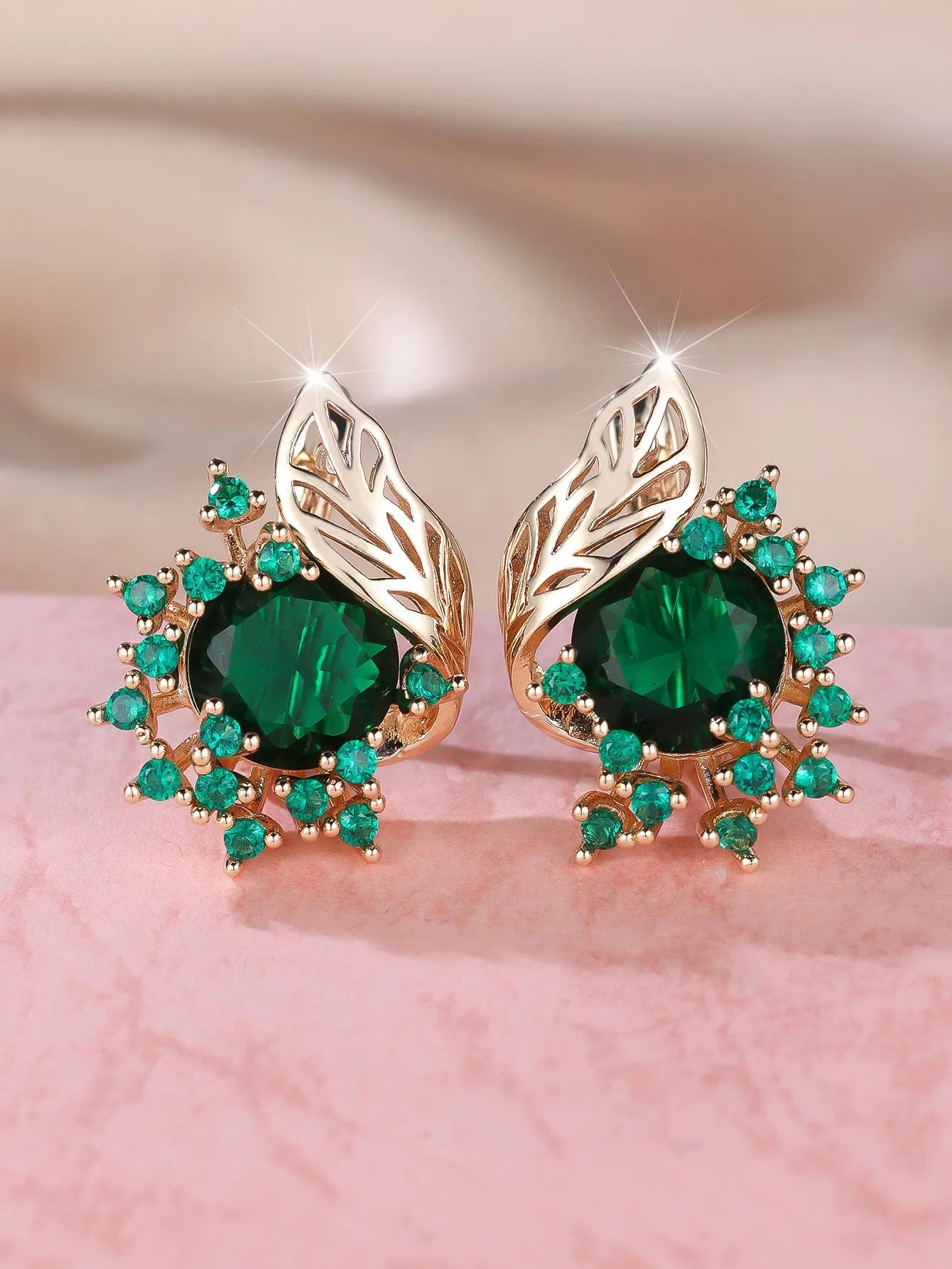 Round flower feather zircon drop earrings in champagne gold with six colour options