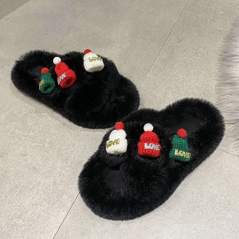 Women's Christmas hat decoration super hairy faux plush slippers in black, khaki, or white.