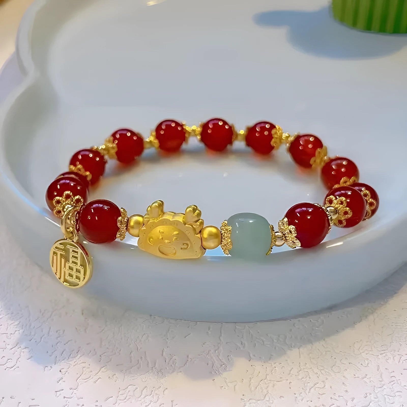Women's floral glazed bracelet with zodiac animal beads in red, pink and white pearl colour options