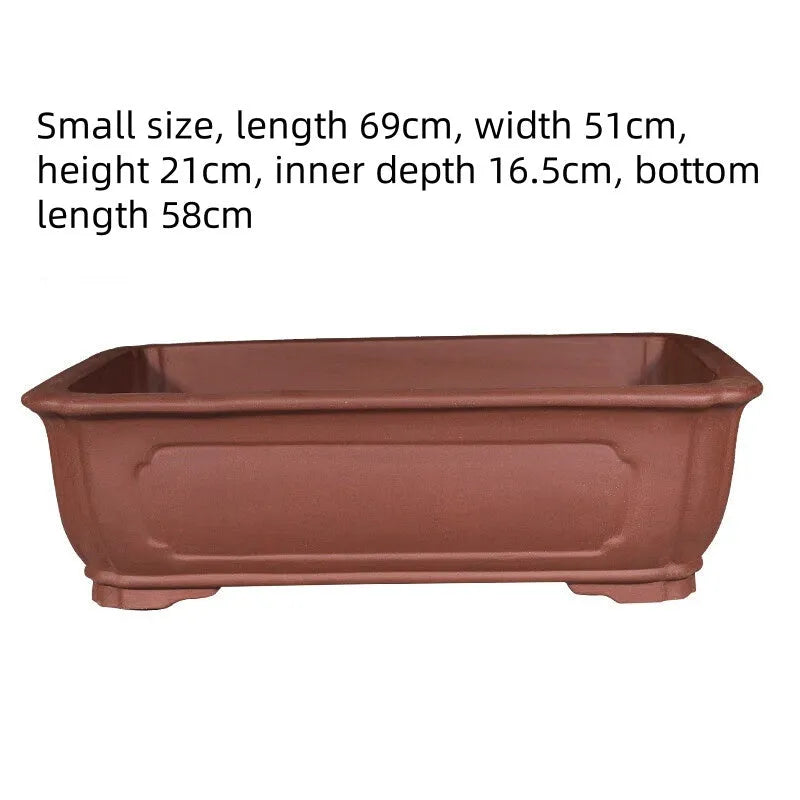 Rectangular purple clay flowerpot showing traditional handmade construction with multiple size options