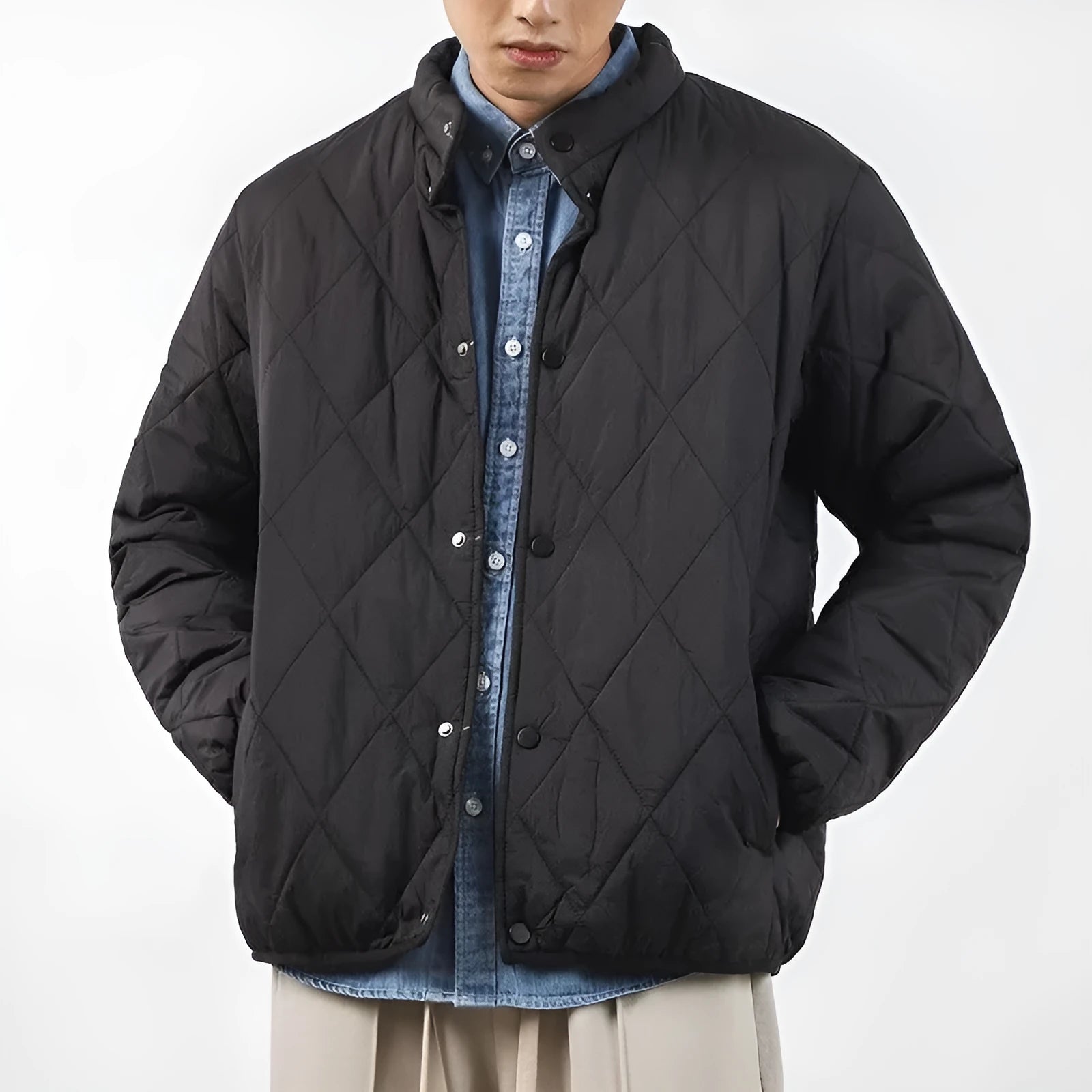 Men's black diamond lattice patterned cotton-padded jacket with a lengthened loose fit.