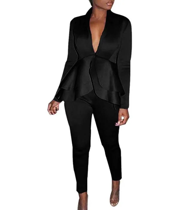 Women's white polyester business casual uniform set with ruffle blouse and pencil pants on a hanger.