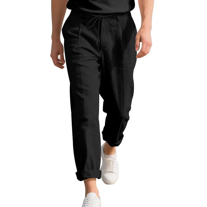 Men's straight leg linen trousers with drawstring waist in light khaki colour