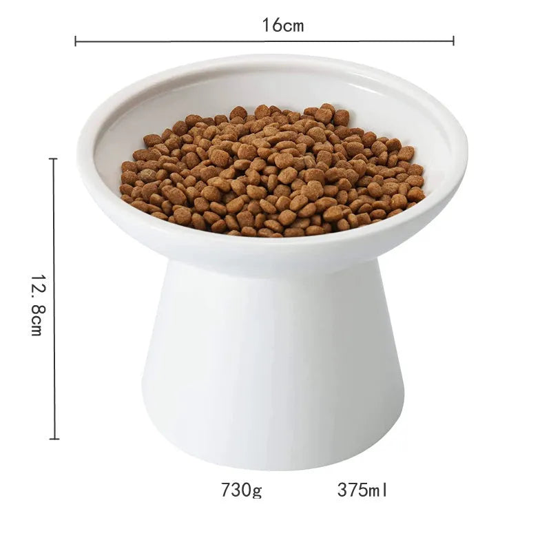 Blue wide ceramic elevated cat food bowl on a white background.