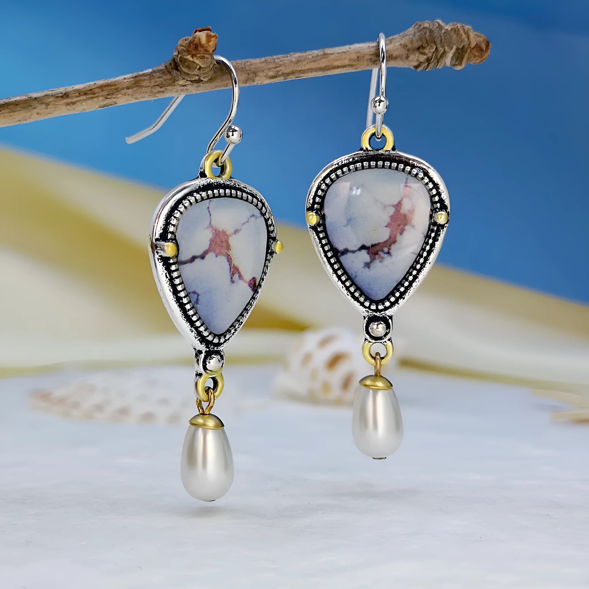 Retro blue Bohemian drop earrings with synthetic opal and pearl geometric design