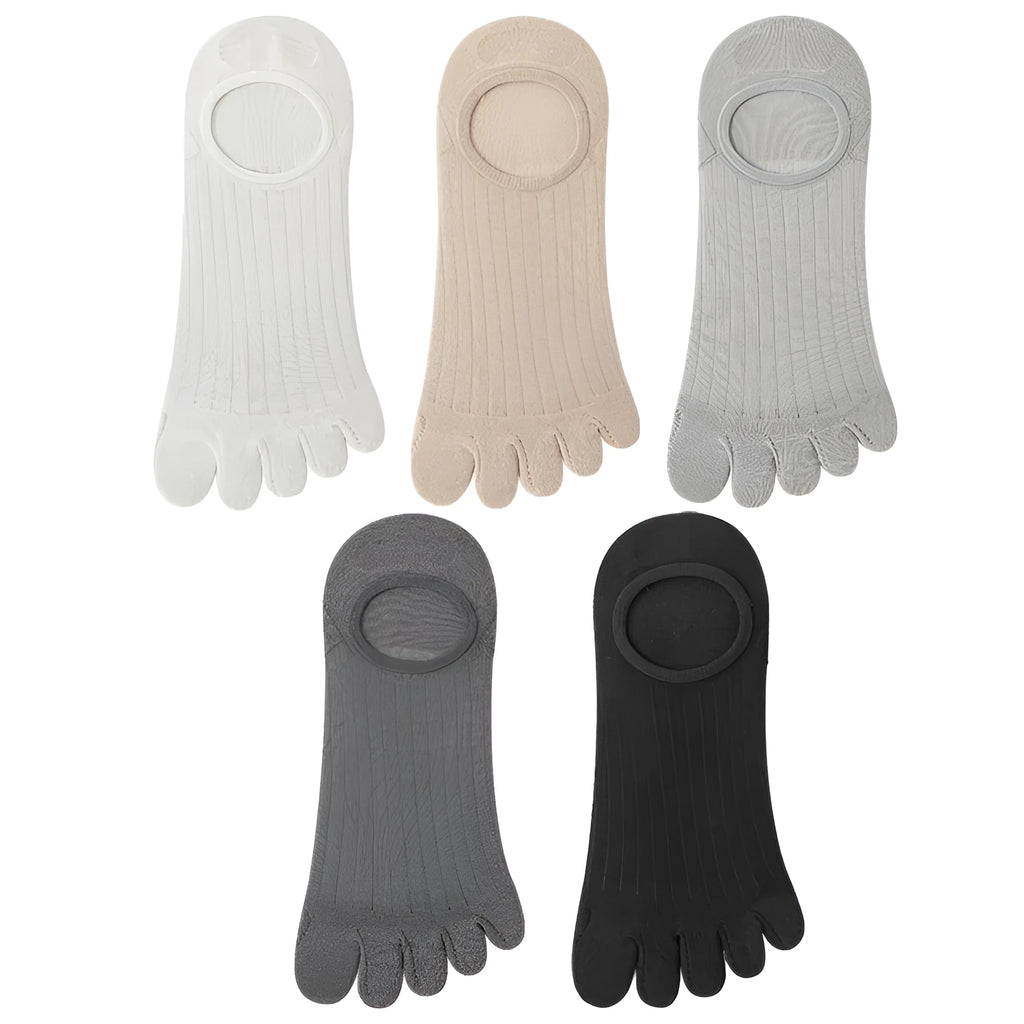 Men's five-finger invisible socks in white, khaki, light grey, dark grey, and black colours