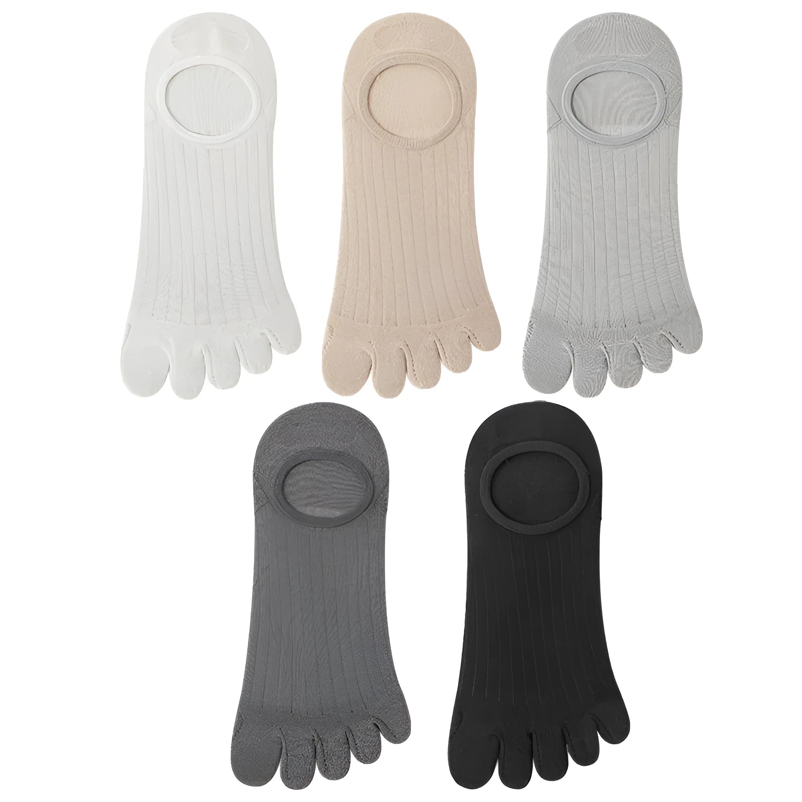 Men's five-finger invisible socks in white, khaki, light grey, dark grey, and black colours