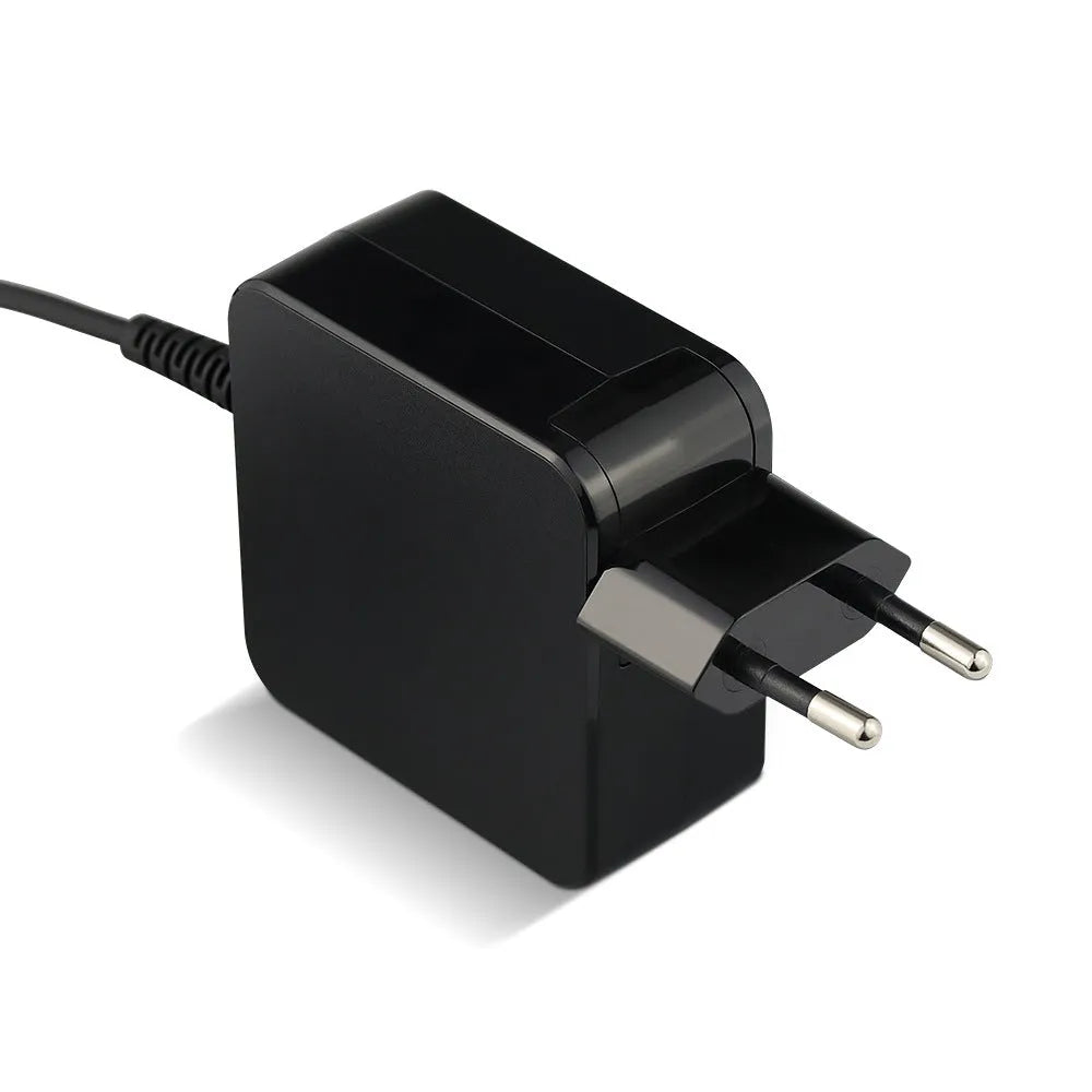 Black 45W laptop adapter with American DC connector showing compact dimensions