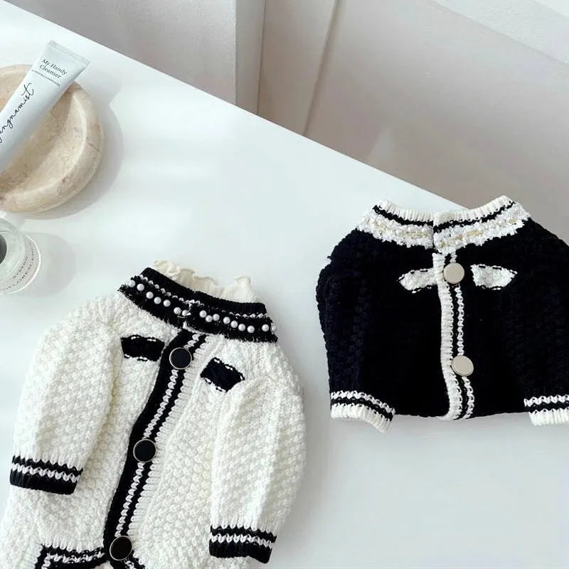 White Korean-style dog sweater with pearl collar on a small puppy, showing princess fit and detailing.