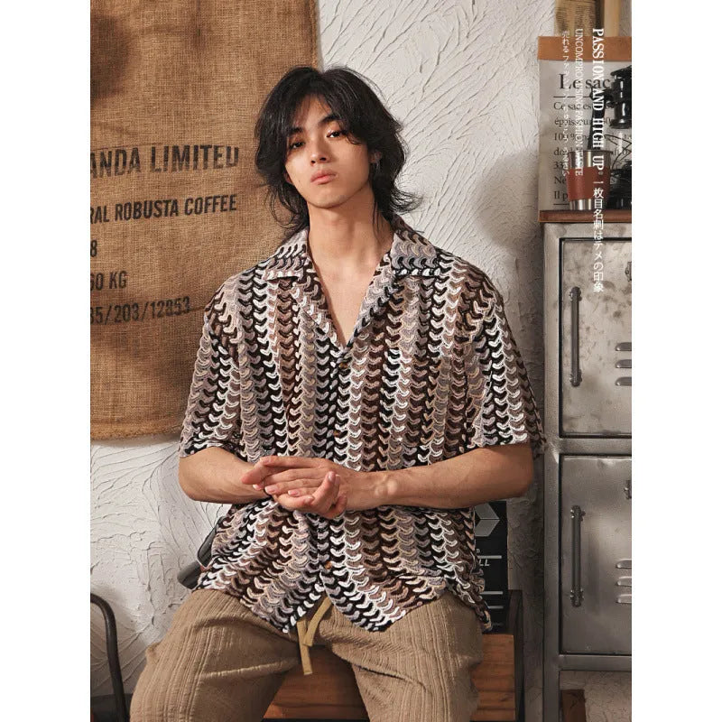 Grey Japanese style Cuban collar men's shirt with red jacquard pattern detailing on plus size model