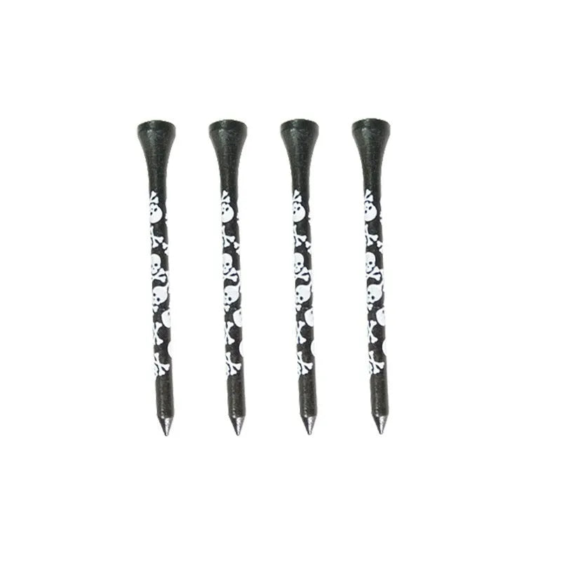 Ten black bamboo golf spike dowel pins with skull print decoration in 70mm and 83mm lengths