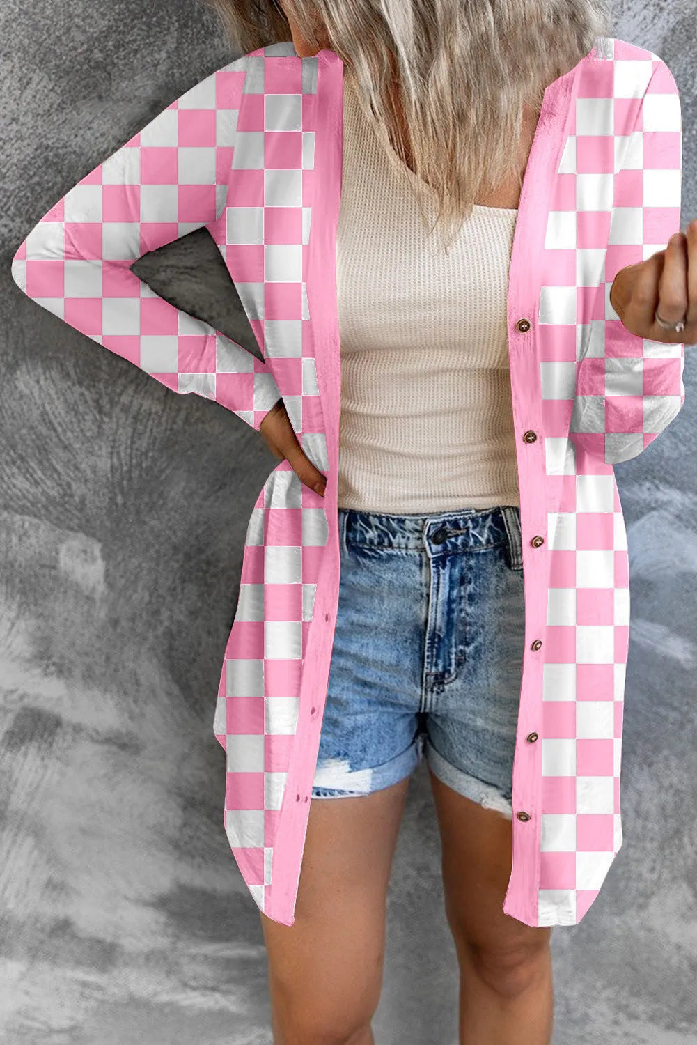 Women's long loose knitted cardigan coat with plaid contrast color pattern in street fashion style