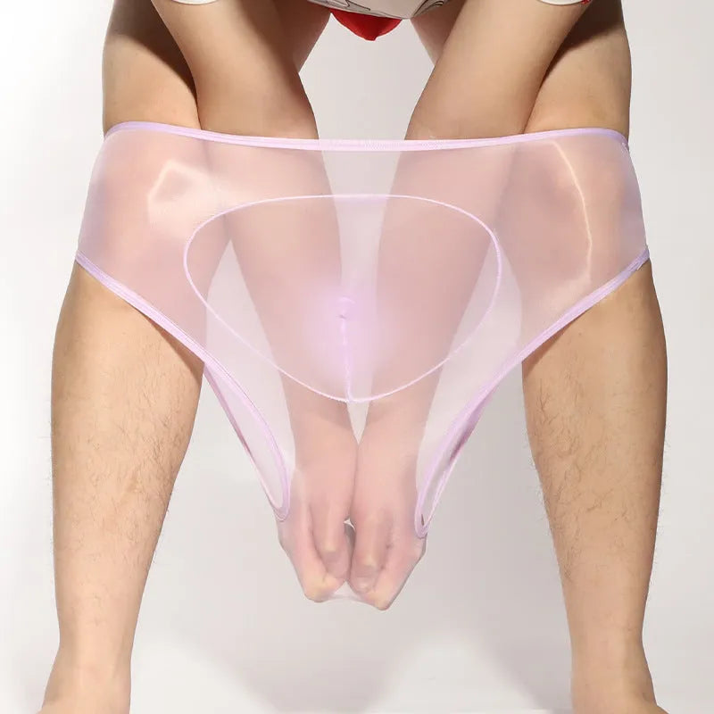 Men's silky nylon briefs with bullet separation in black, shown on a mannequin.