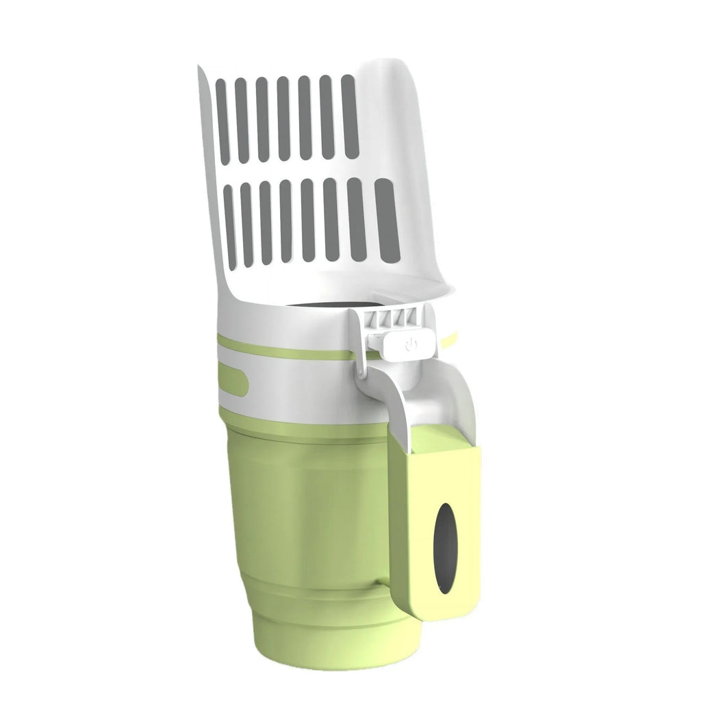 Grey foldable cat litter scoop and bin system with non-slip handle next to a litter box.