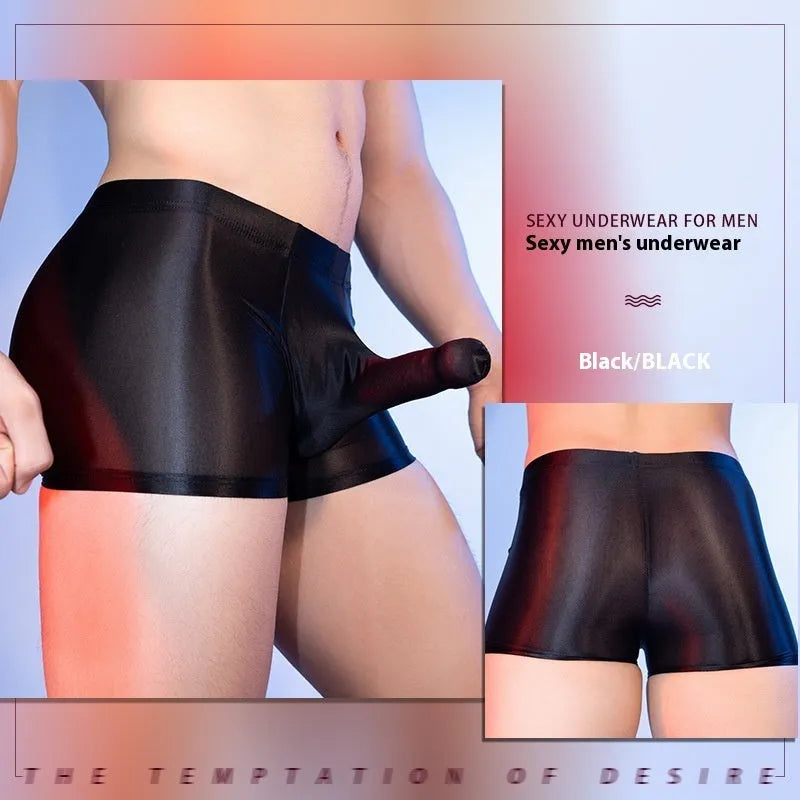 Men's red boxer shorts with a seamless nylon build and a printed elephant nose design on the front.