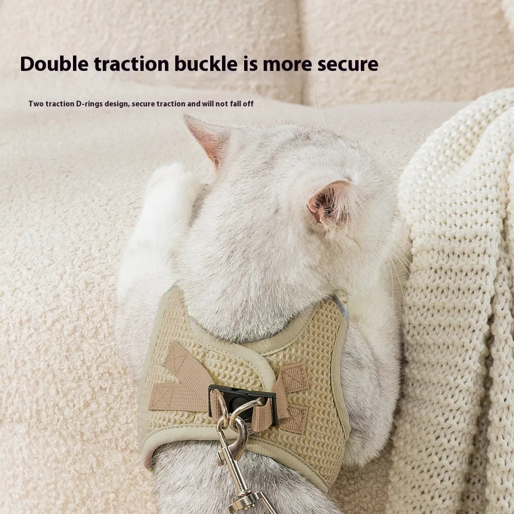 Brown cloth cat harness with waffle texture chest strap shown on size chart